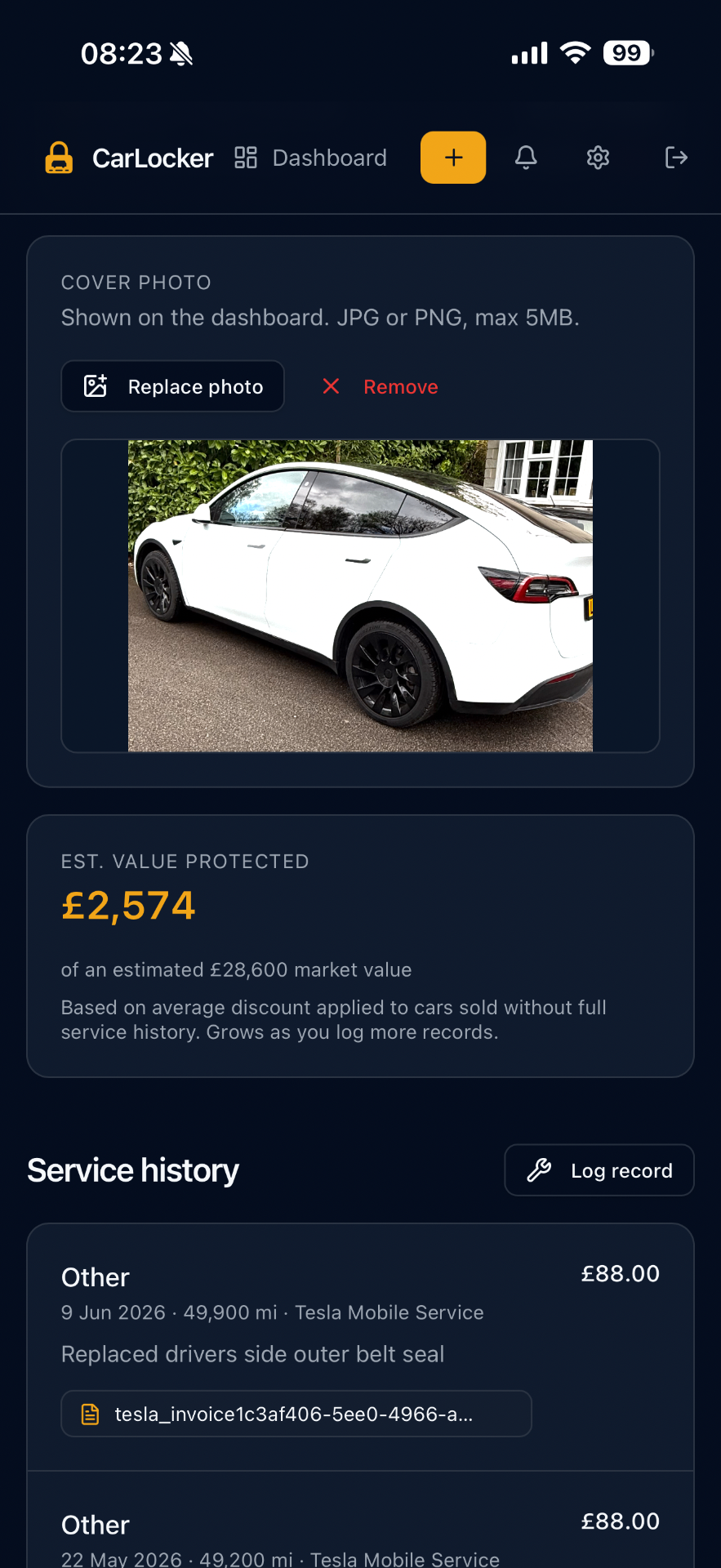 CarLocker service history with estimated value protected