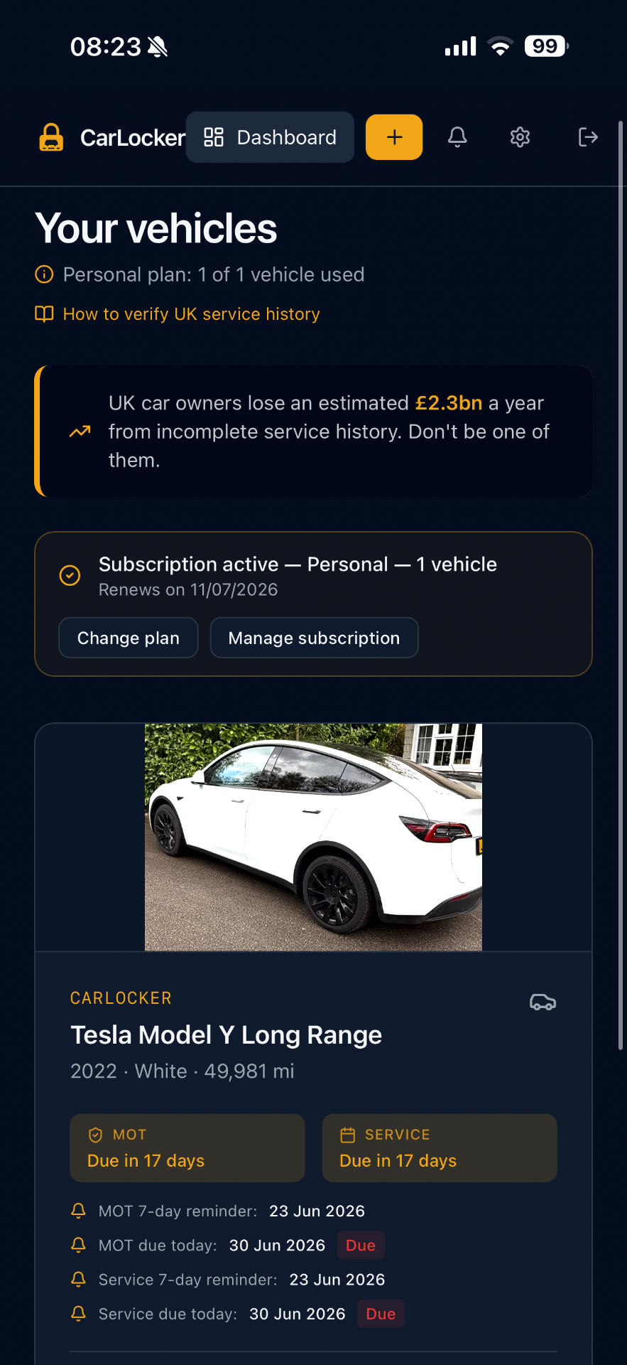 CarLocker vehicle dashboard showing a Tesla Model Y with MOT and service reminders